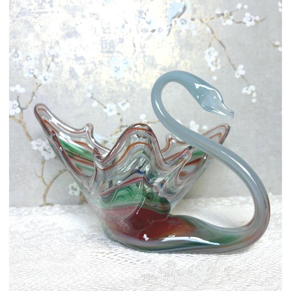 Vintage Art Glass Swan Bowl Murano Style Multi Color - See photos